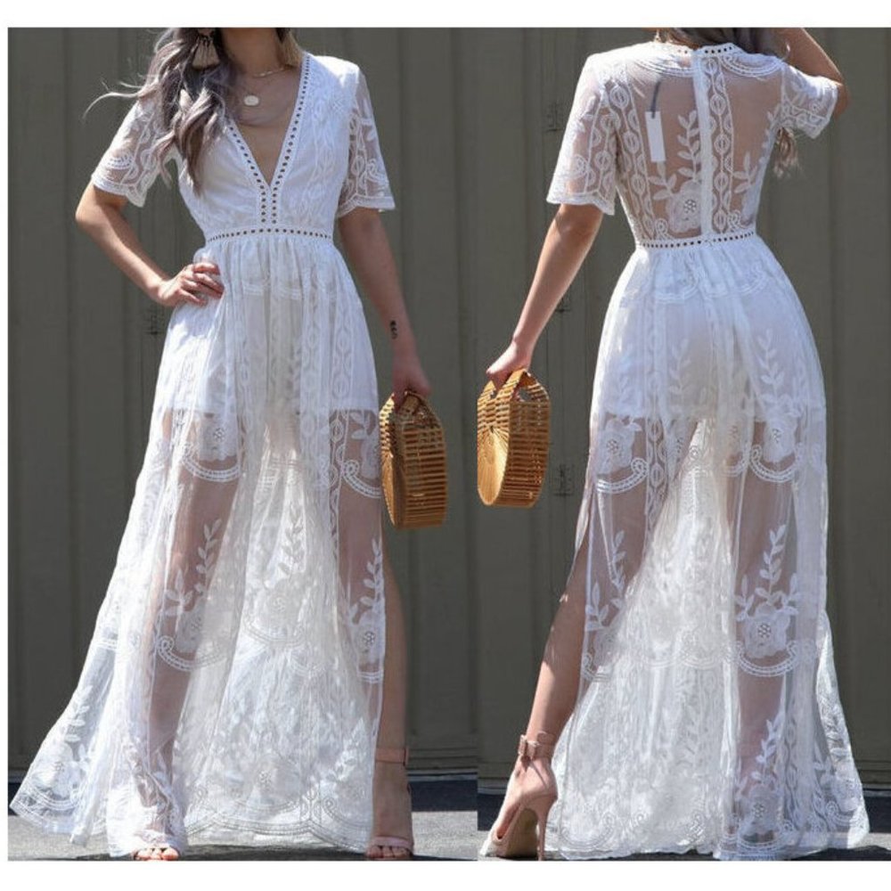 White Bohemian Maxi Dress Crochet Lace Embroidered Long Dress Boho Wedding